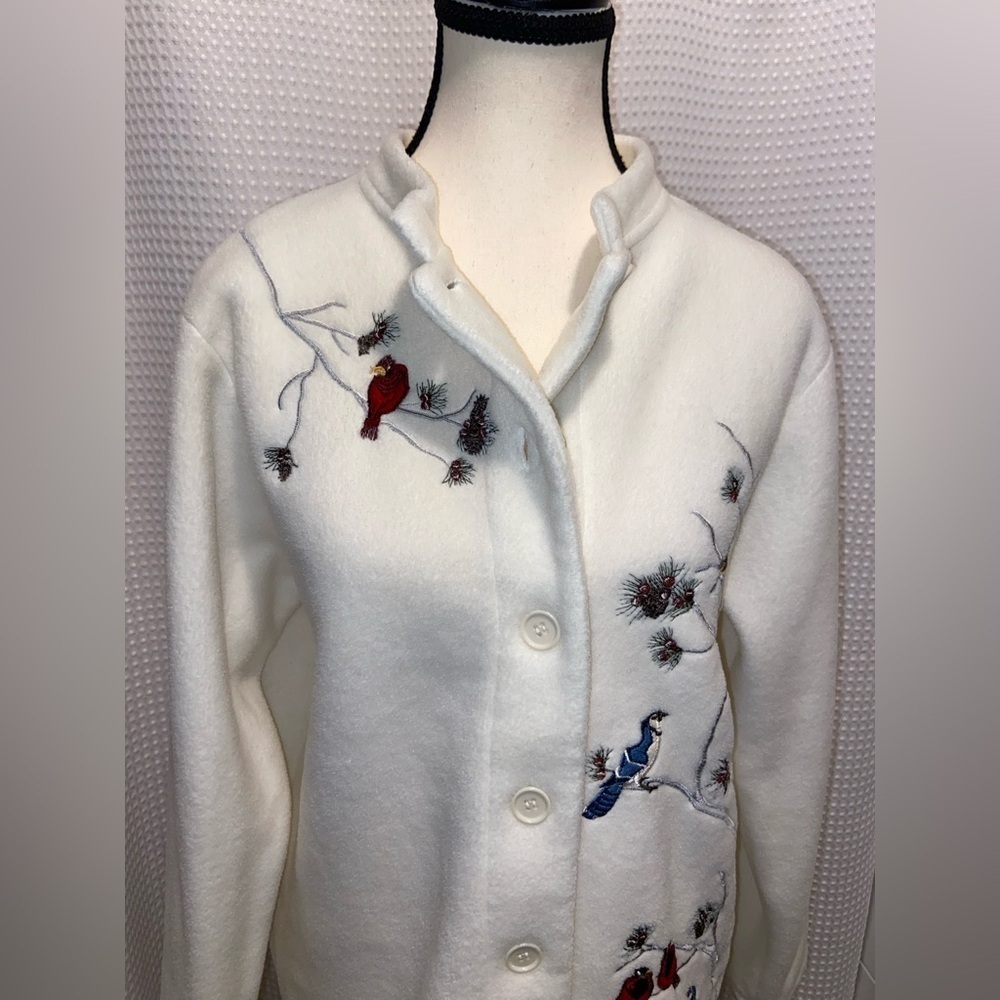 CLASSIC EDITIONS cream Fleece birds embroidery Vintage Cardigan sz medium - Picture 2 of 9